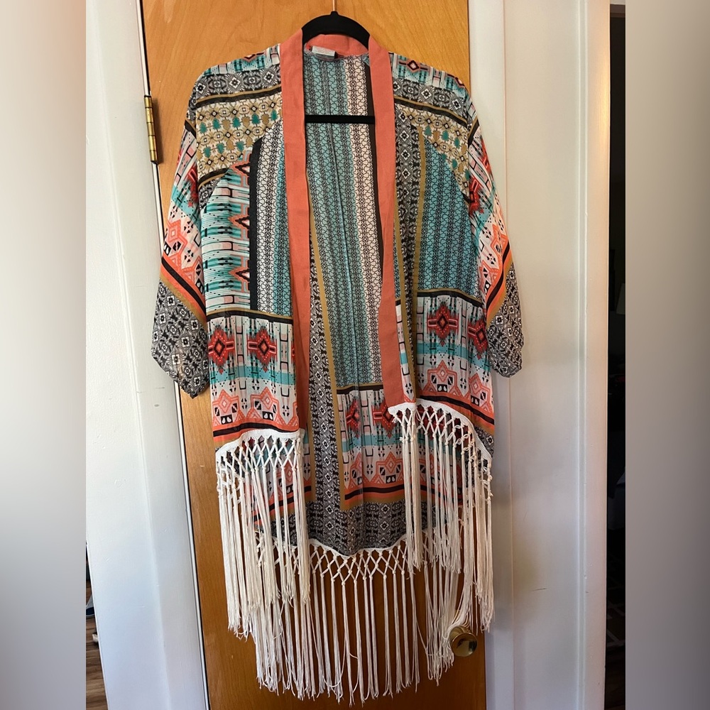 Flying Tomato Coral and Blue Patterned Shawl/Duster